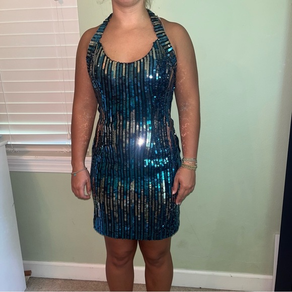 VTG T2K Indie Sleaze McBling Blue Silver Halter Party Sequin Mini Dress 12 - Picture 13 of 15